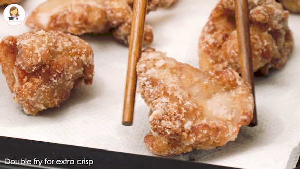 First fried chicken karaage on the paper towel.