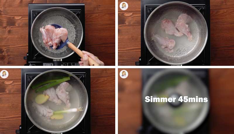 Four image collage showing how to make chicken broth.