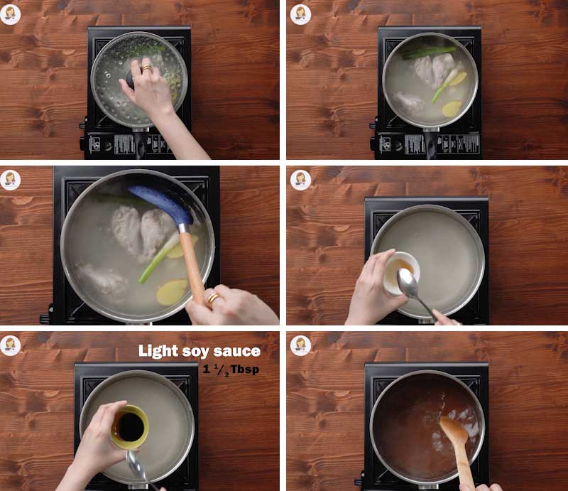 6 image collage showing how to season chicken broth.