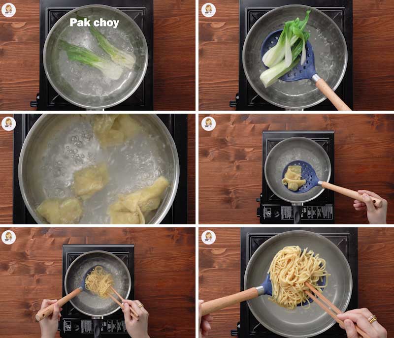 6 image collage showing how to blanch vegetables and noodles. 