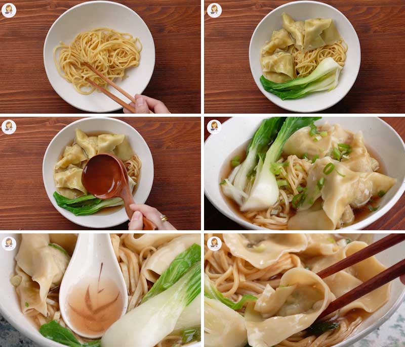 6 image collage showing how to serve wonton noodle soup. 