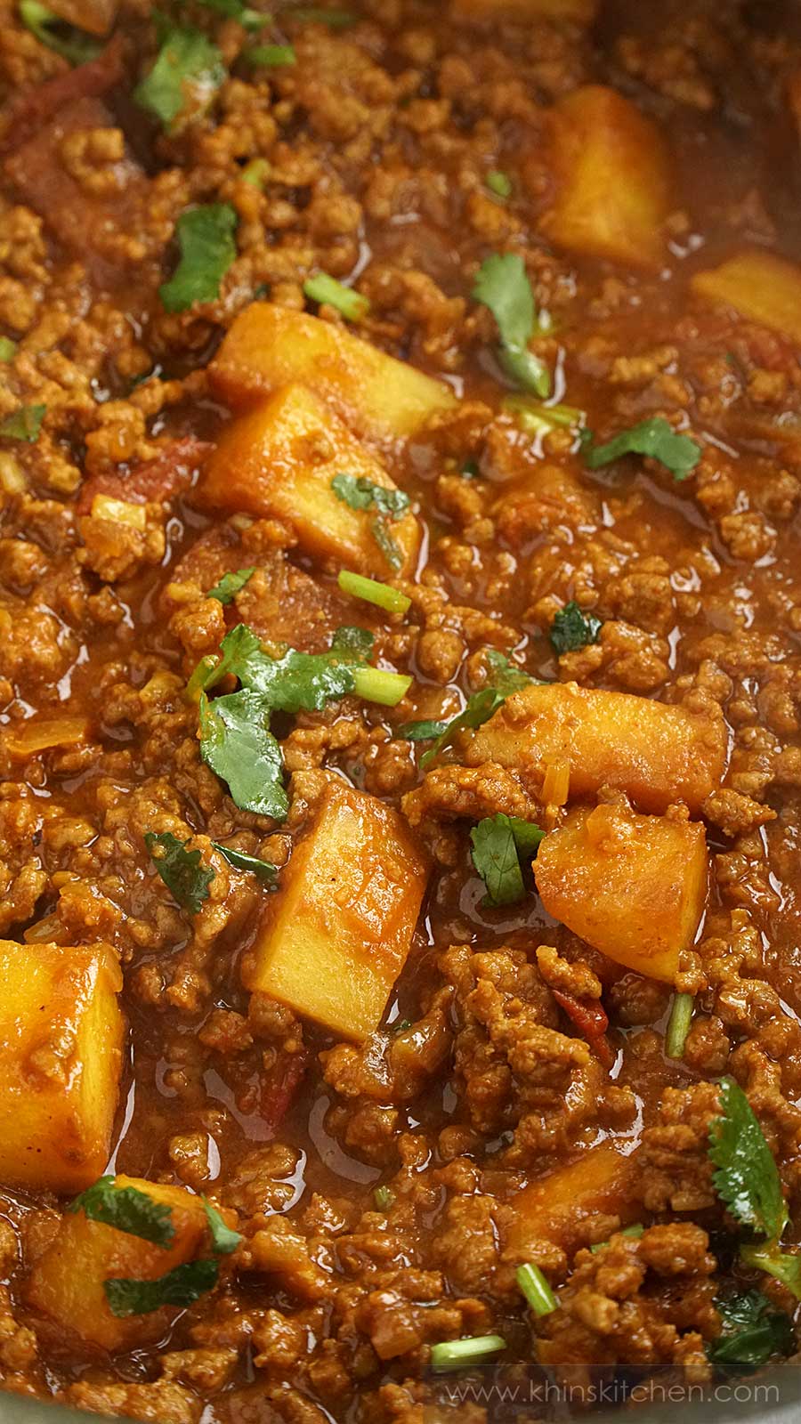 Close up shot of beef keema curry with small potato cubes, coriander.  