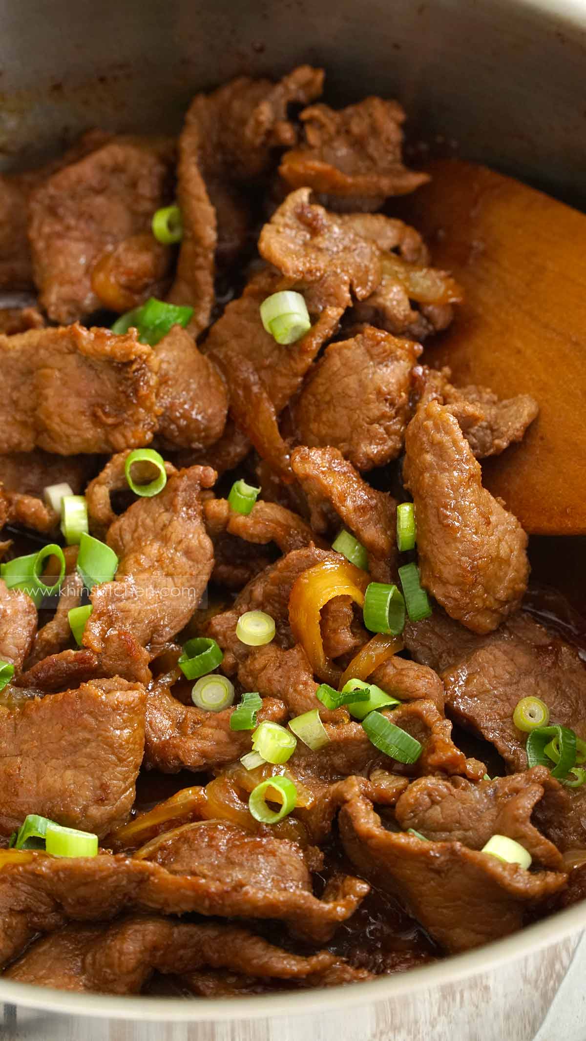 japanese stir fried beef in the steel pot.