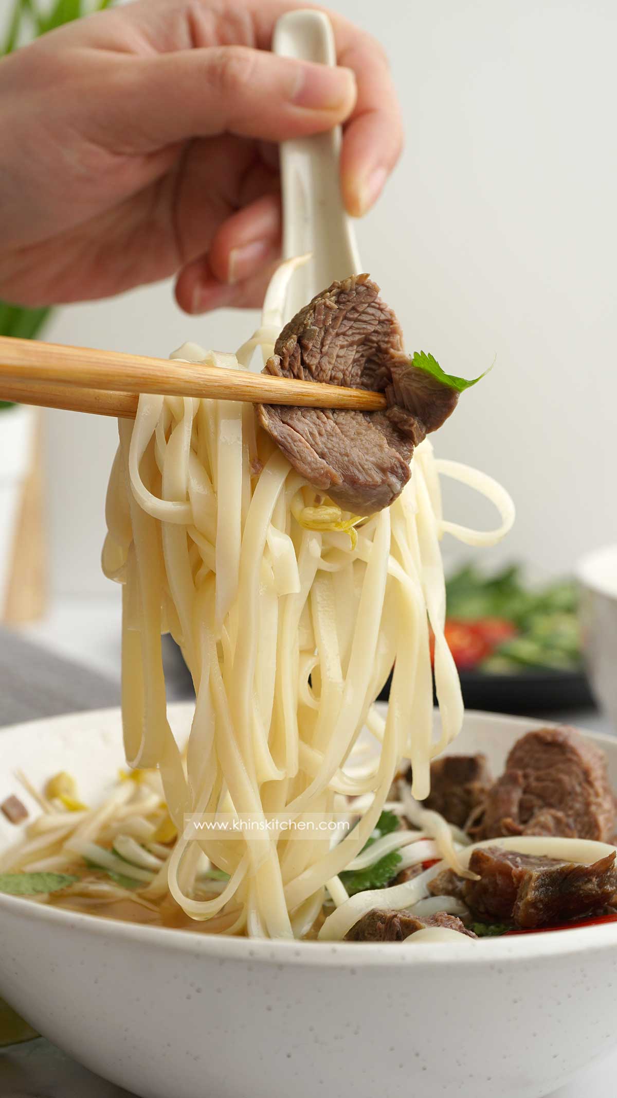 Rice noodles and beef are being hold with chop stick and soup spoon.