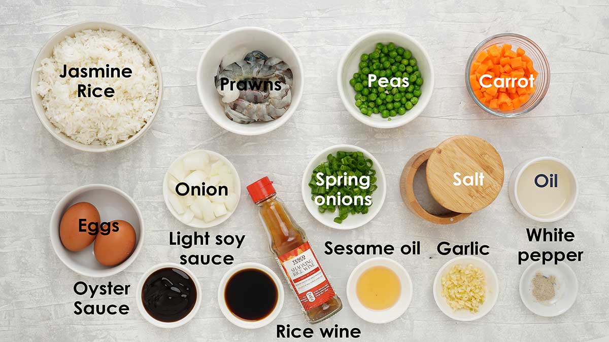 Labelled ingredients of making fried rice.