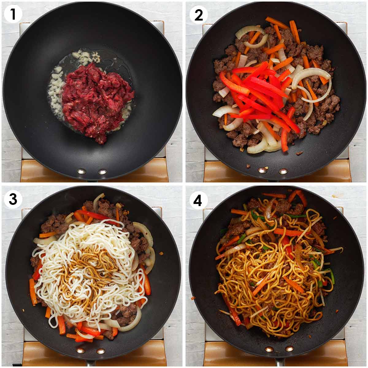 Four image collage showing how to make beef chow mein.