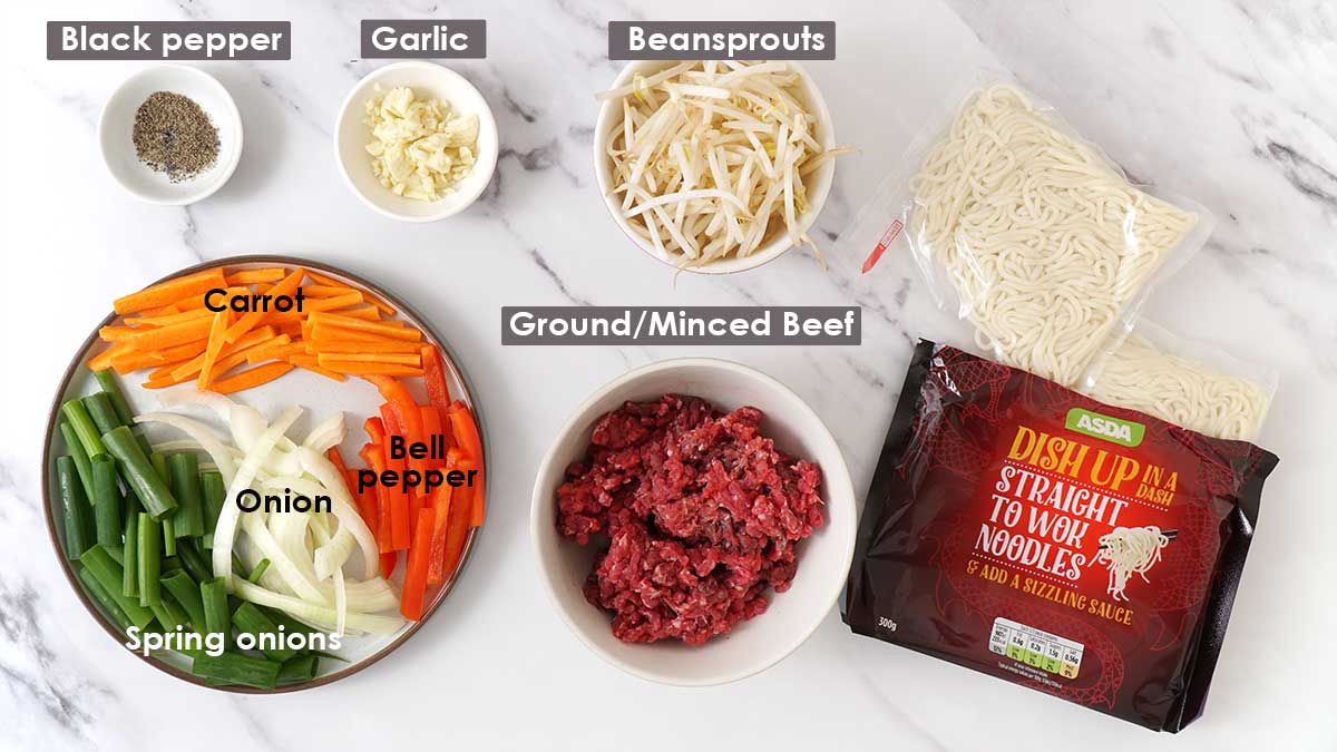 Labelled ingredients for beef chow mein.