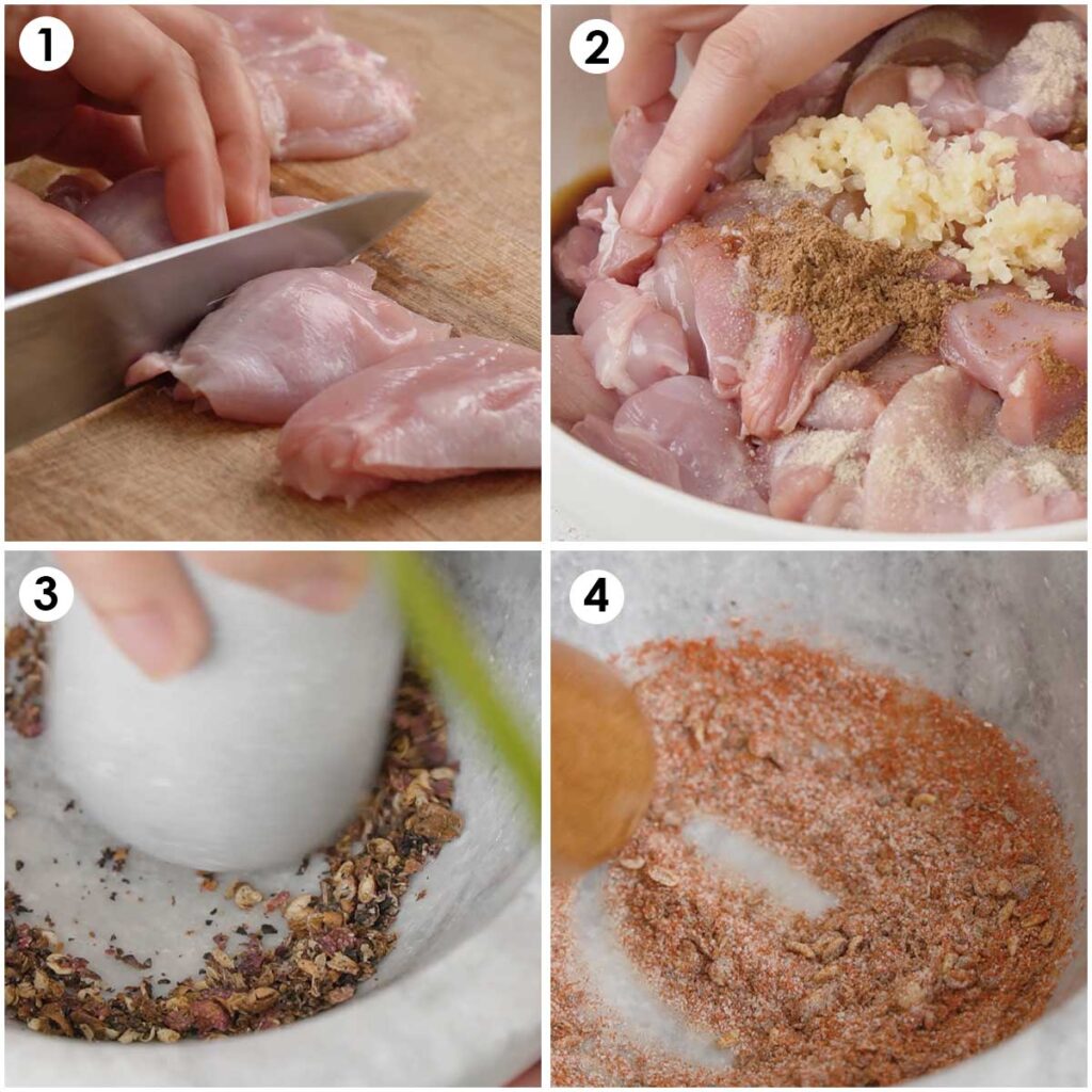Four image collage showing preparing chicken marinade and seasonings of Taiwanese popcorn chicken.
