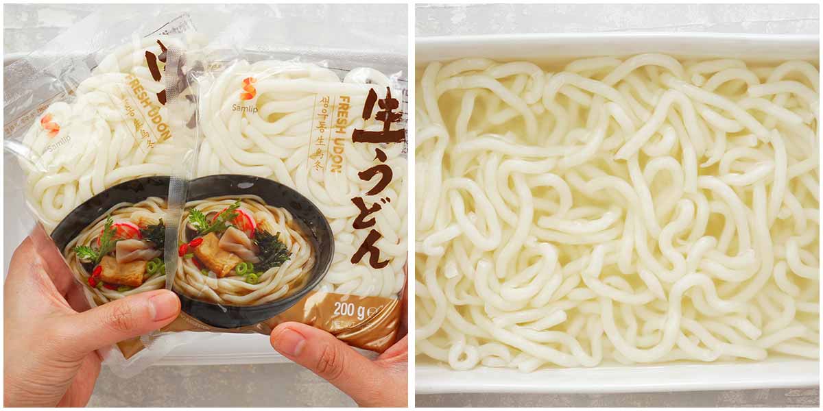 Two image collage showing how to prepare udon noodles.