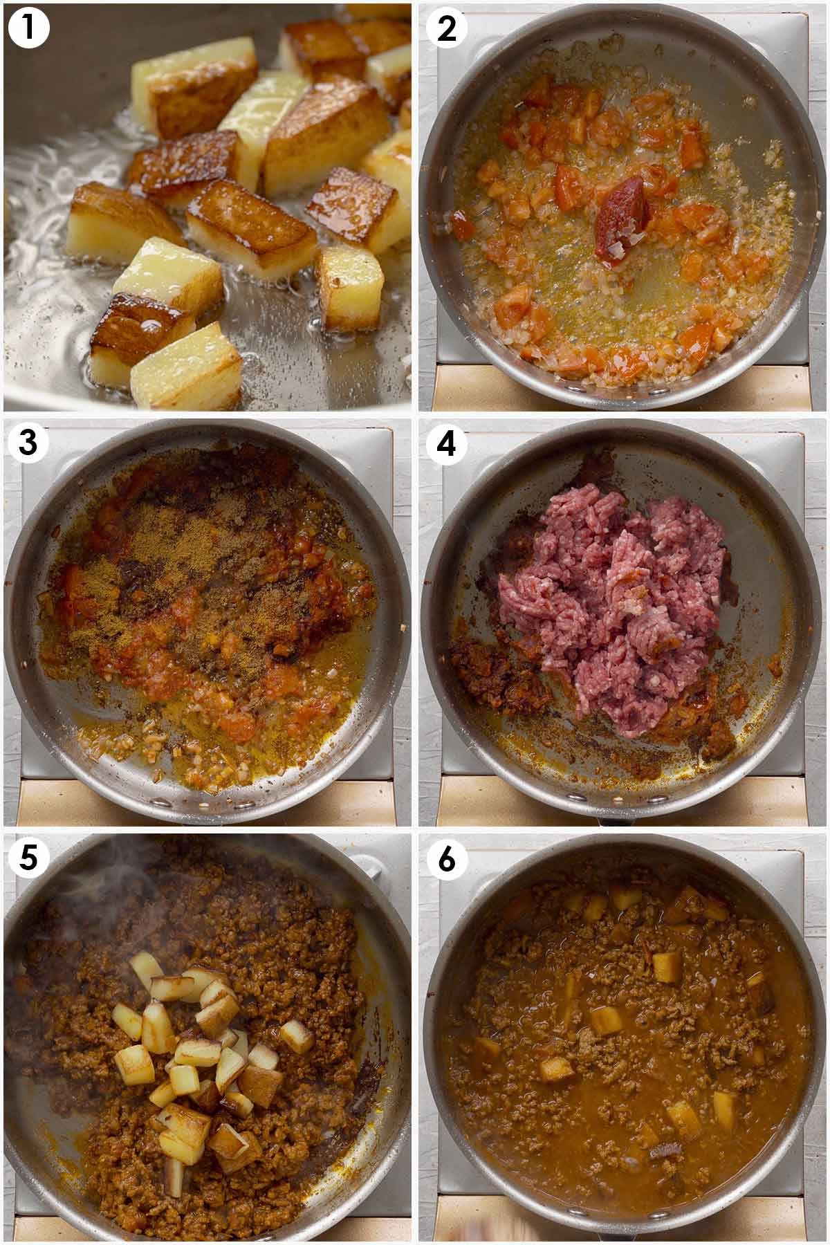 Six image collage showing how to make ground beef curry.