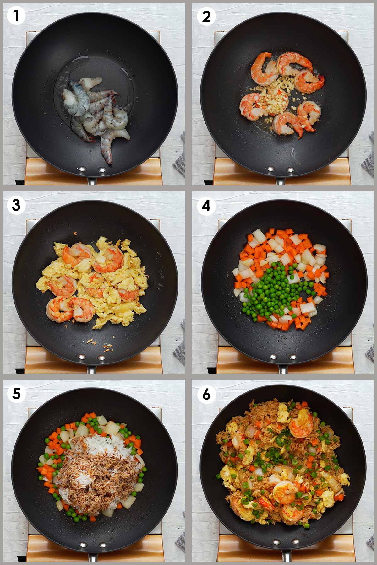 Six image collage showing how to make prawns fried rice.