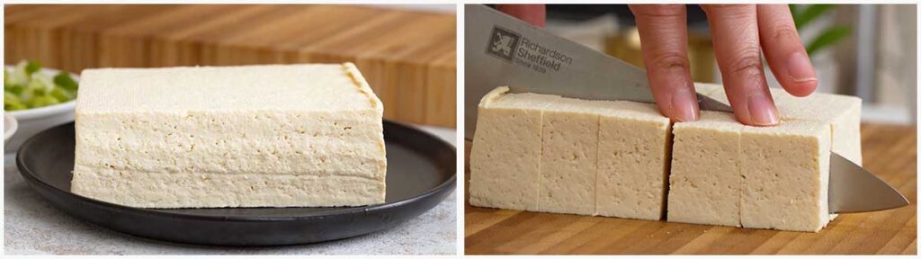 Two image collage showing how to prepare the tofu.