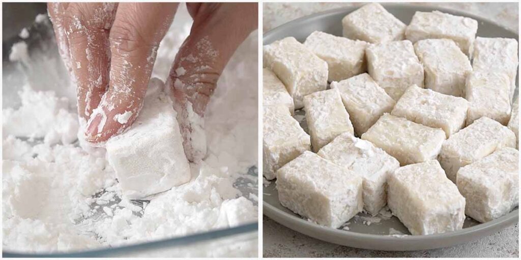 Two image collage showing how to prepare the tofu to deep fry..