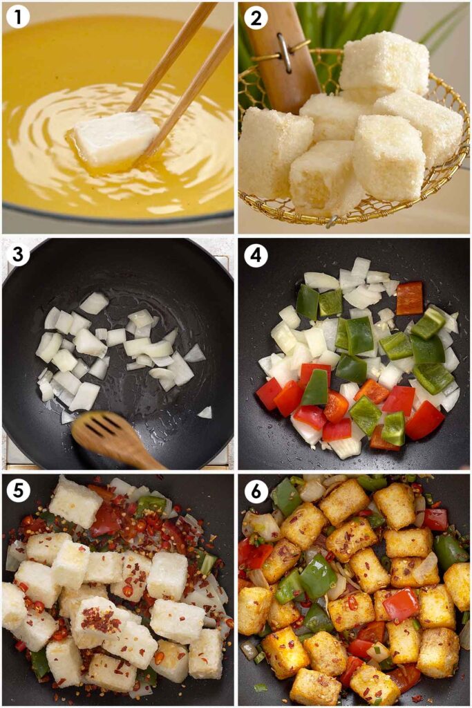 Six image collage showing how to make salt and pepper tofu. 