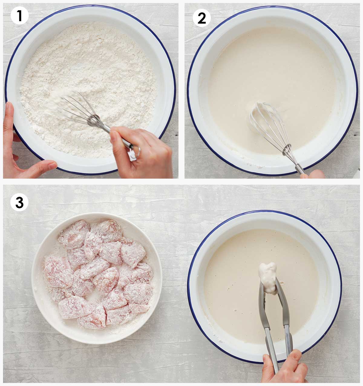 Three image collage showing how to batter the chicken.