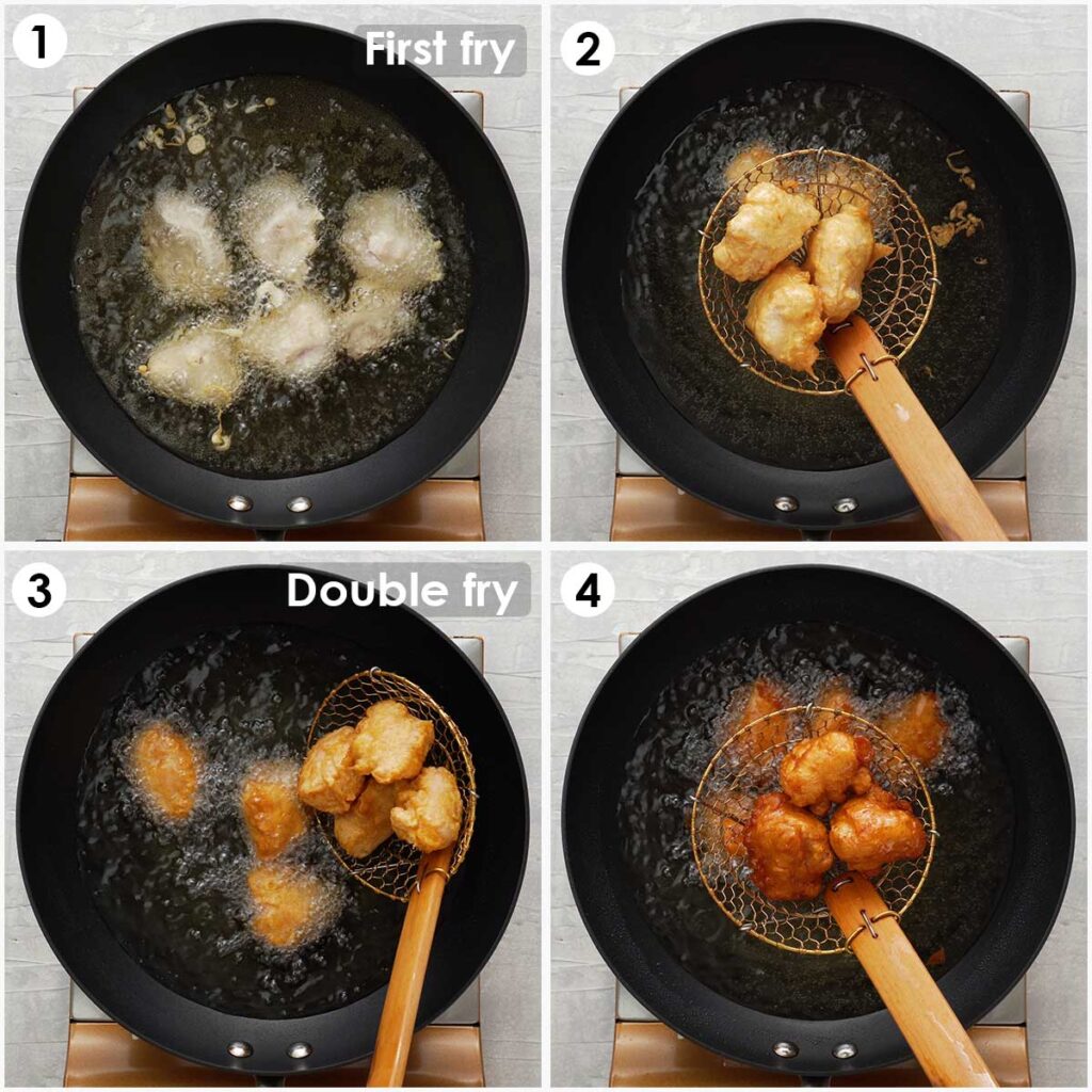 four image collage showing how to fry chicken balls.