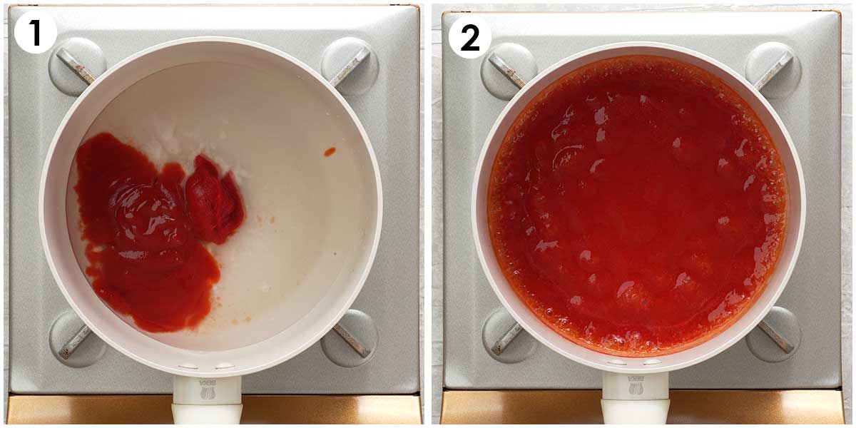 甘酸っぱいソースを作る方法を示す二つの画像のコラージュ。