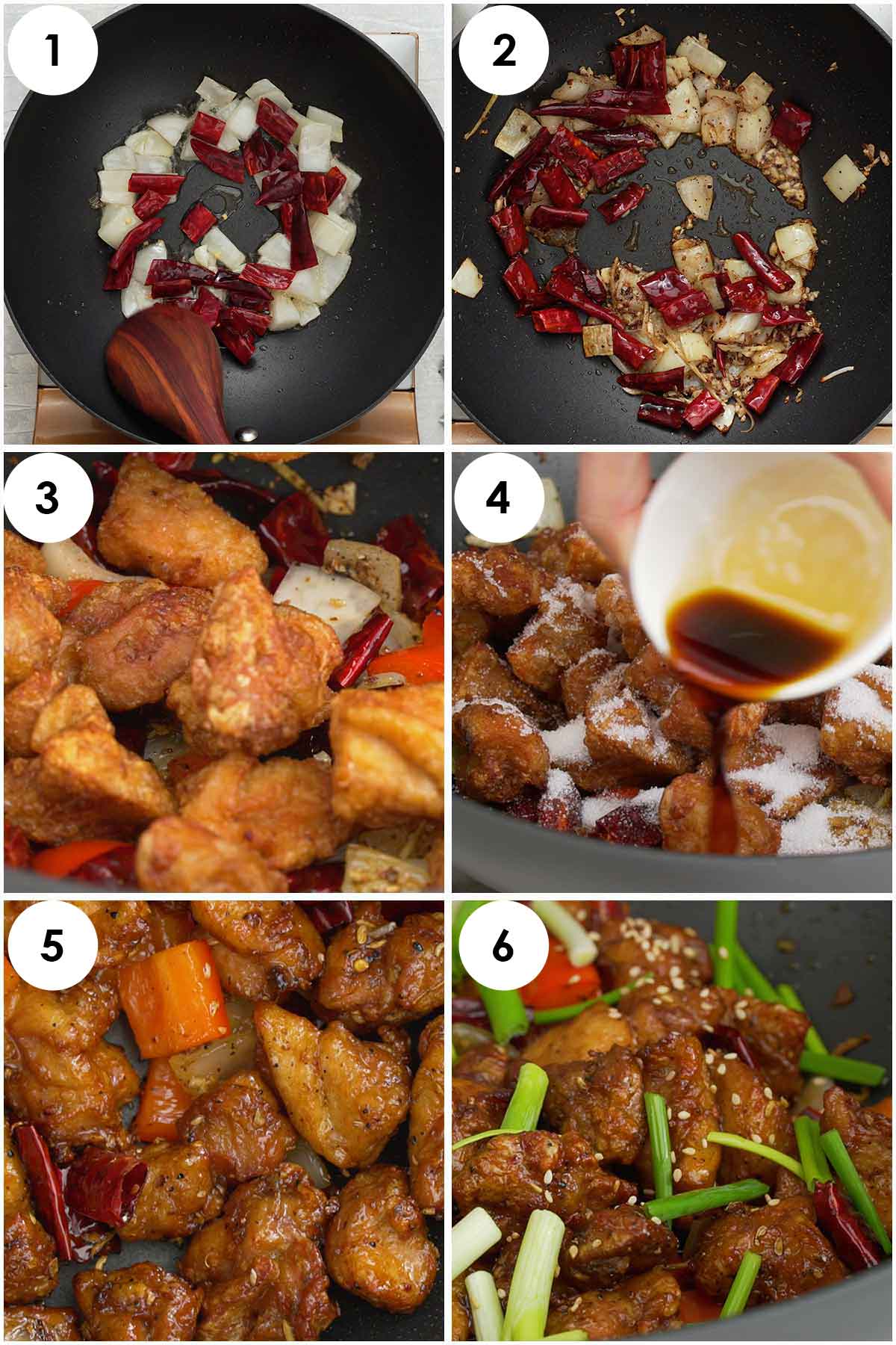 Six image collage showing how to make Szechuan Chicken.