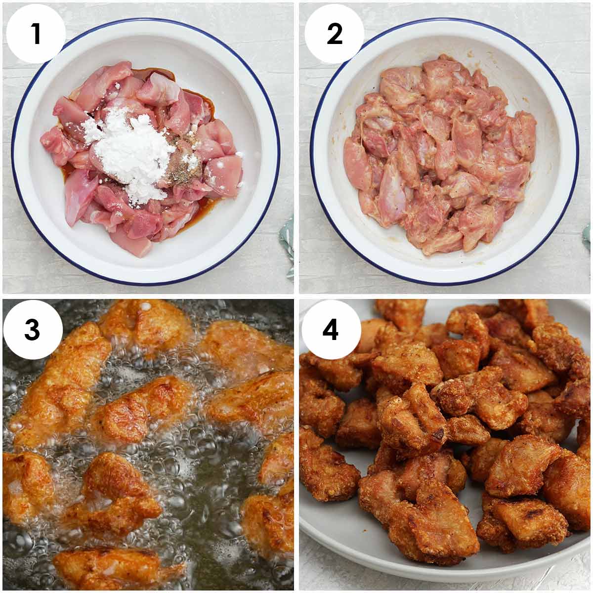 Four image collage of step by step chicken marinade to shallow frying process. 