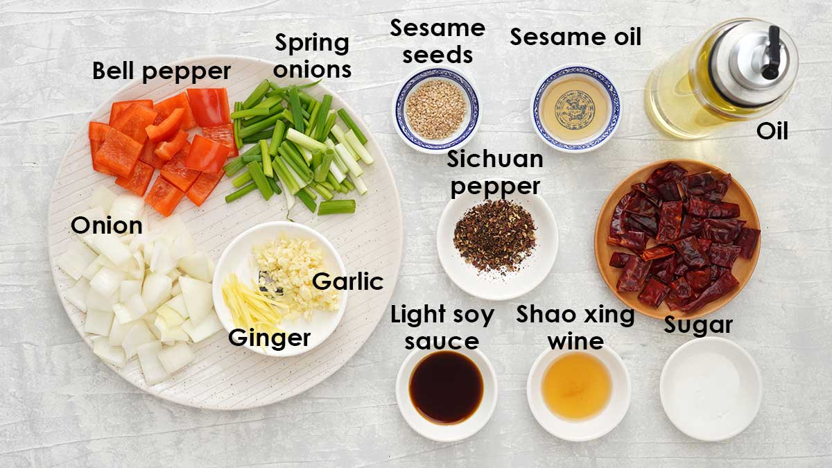 Labelled Ingredients for Szechuan chicken.