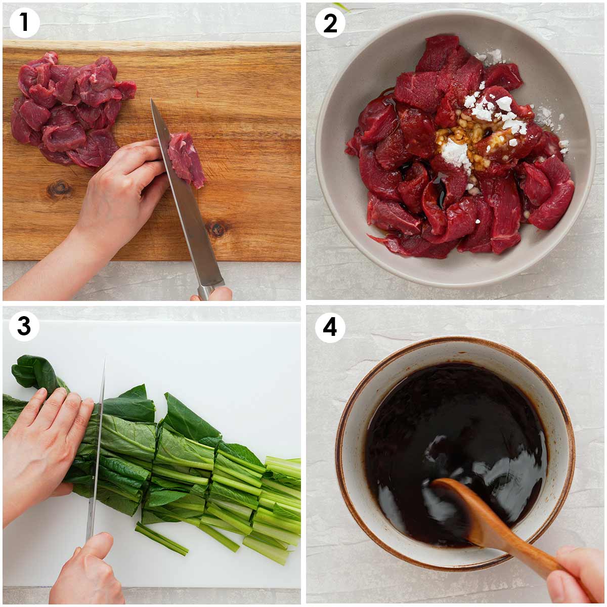 Four image collage showing how to prepare ingredients. 