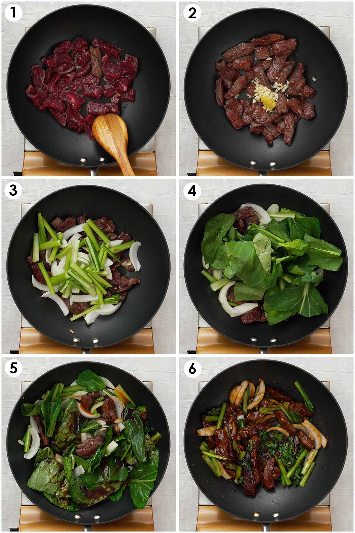 Six image collage showing how to make stir fry beef in oyster sauce. 