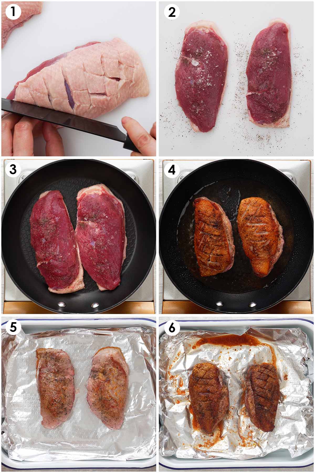 Six image collage showing how to cook duck breast.