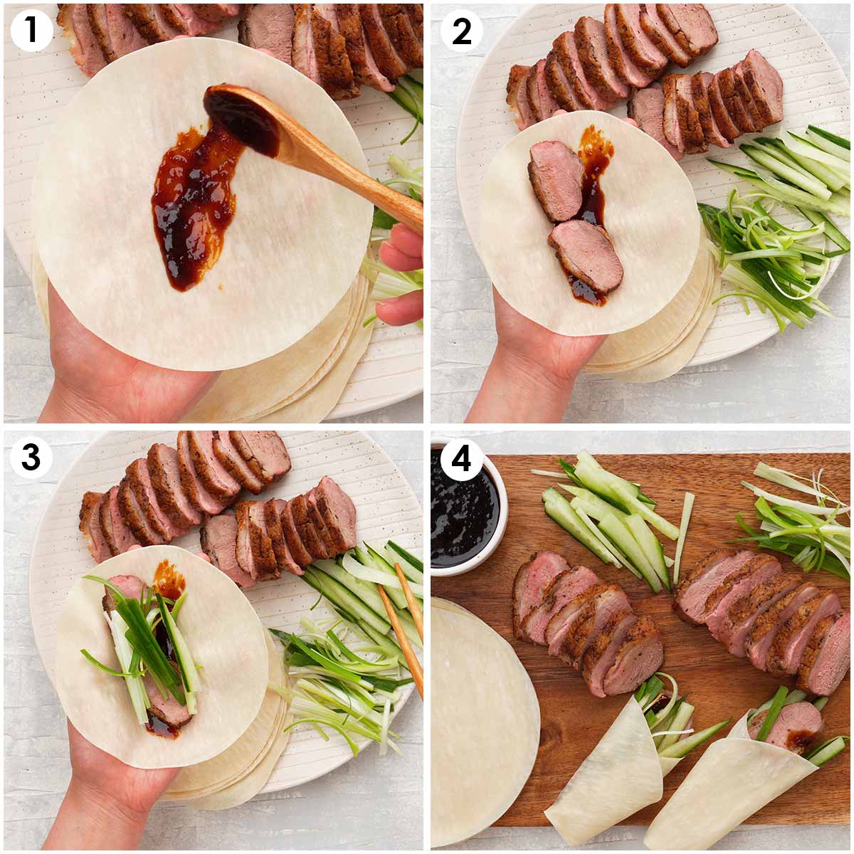 Four image collage showing how to prepare hoisin duck with pan cake.