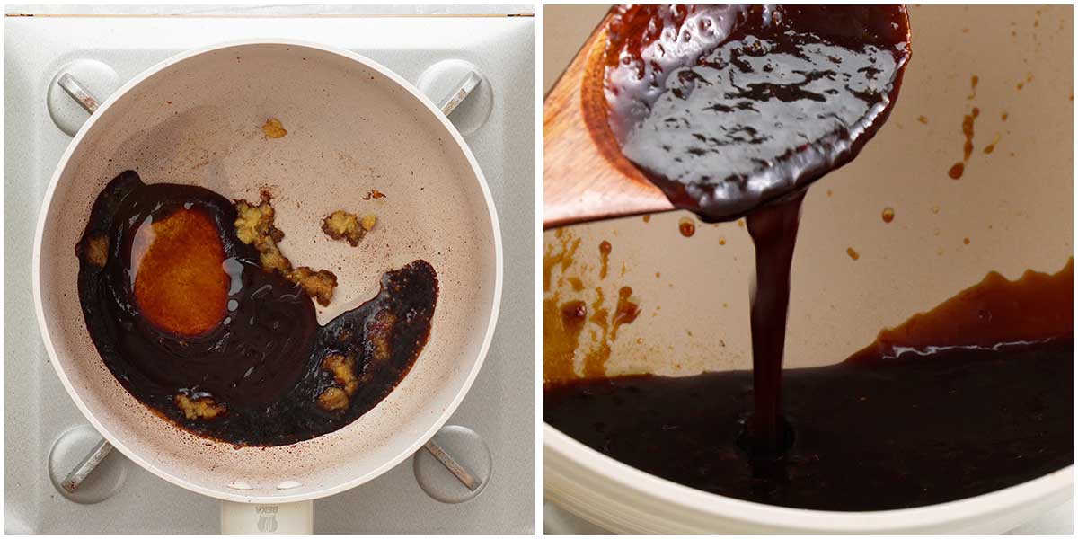 Two image collage showing how to make hoisin sauce.