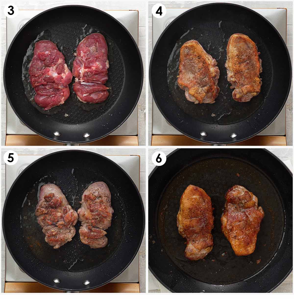 Four image collage showing how to cook the duck thigh.