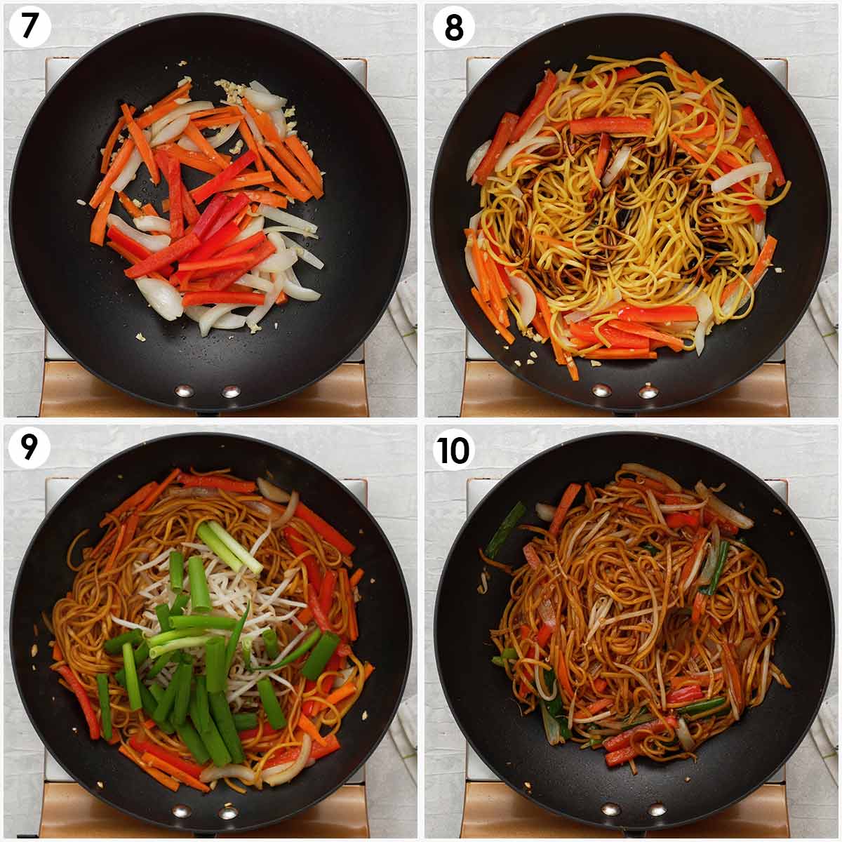 Four image collage showing how to cook the stir fried noodles.