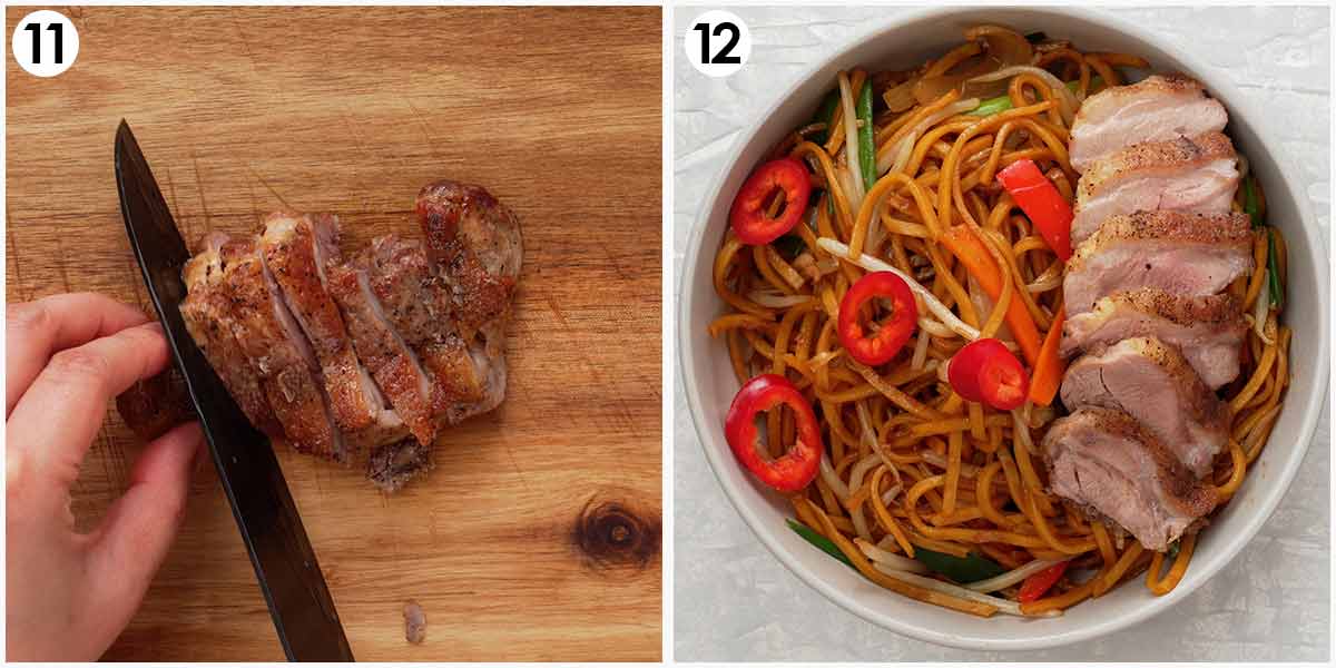 Two image collage showing how to serve the cooked duck thigh on the noodles.