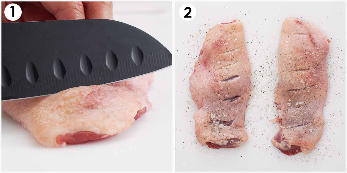 2 image collage showing how to season the duck thigh.