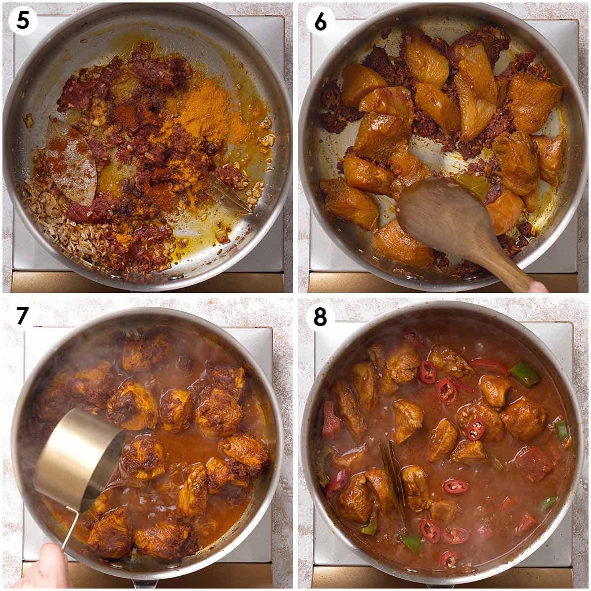 Four image collage showing how to cook chicken curry.