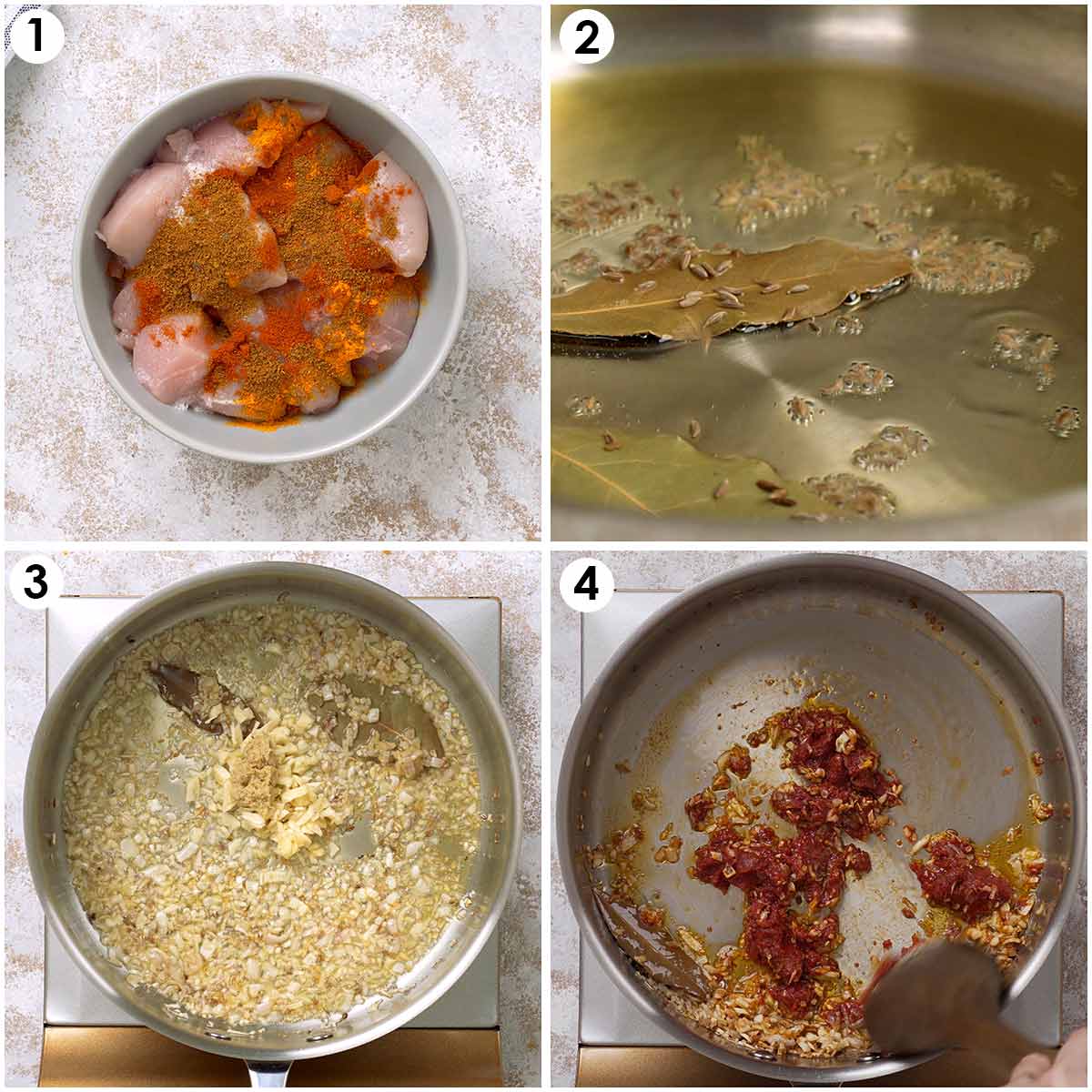 Four image collage showing how to marinade chicken and make curry sauce.