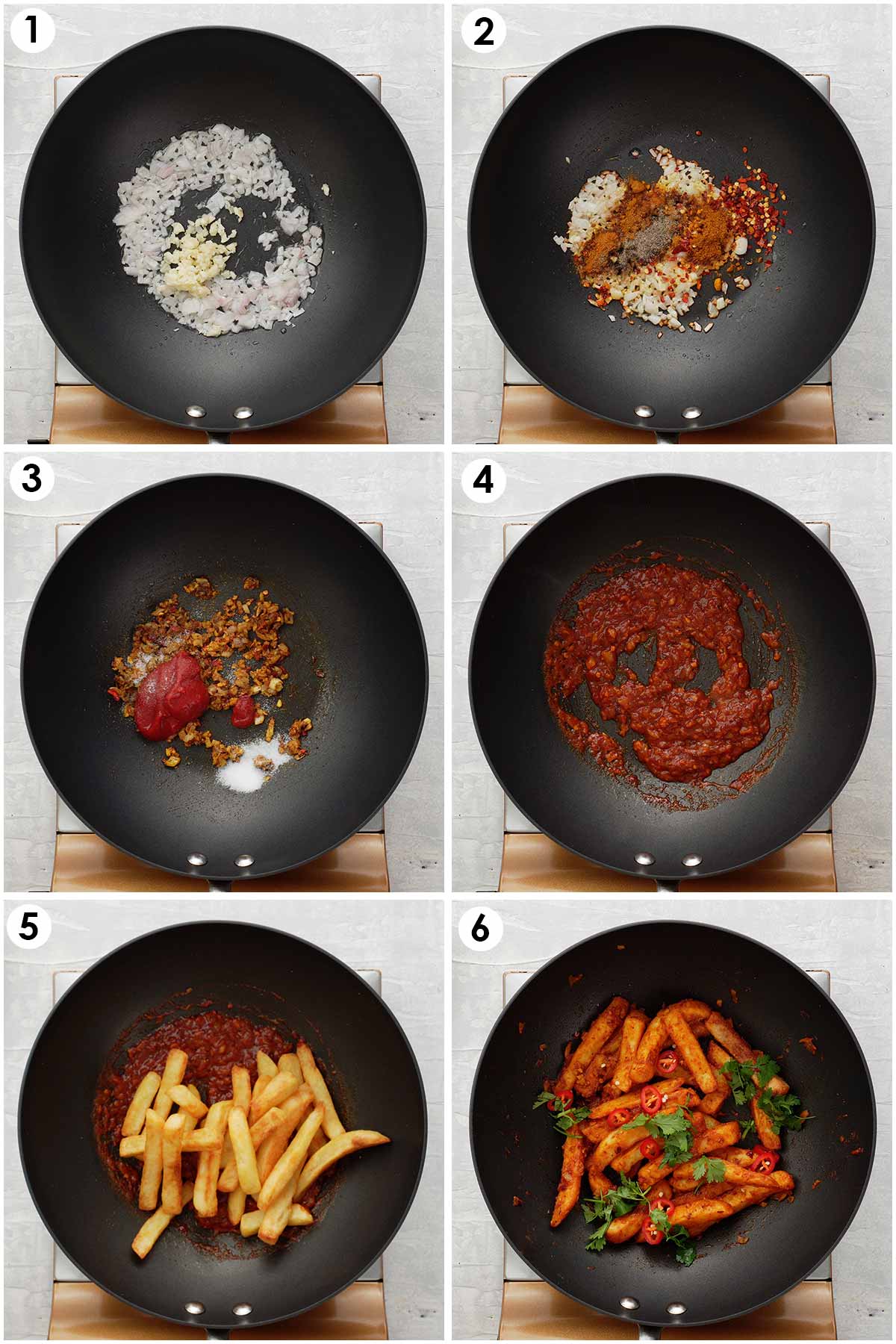 6 image collage showing how to make masala chips. 