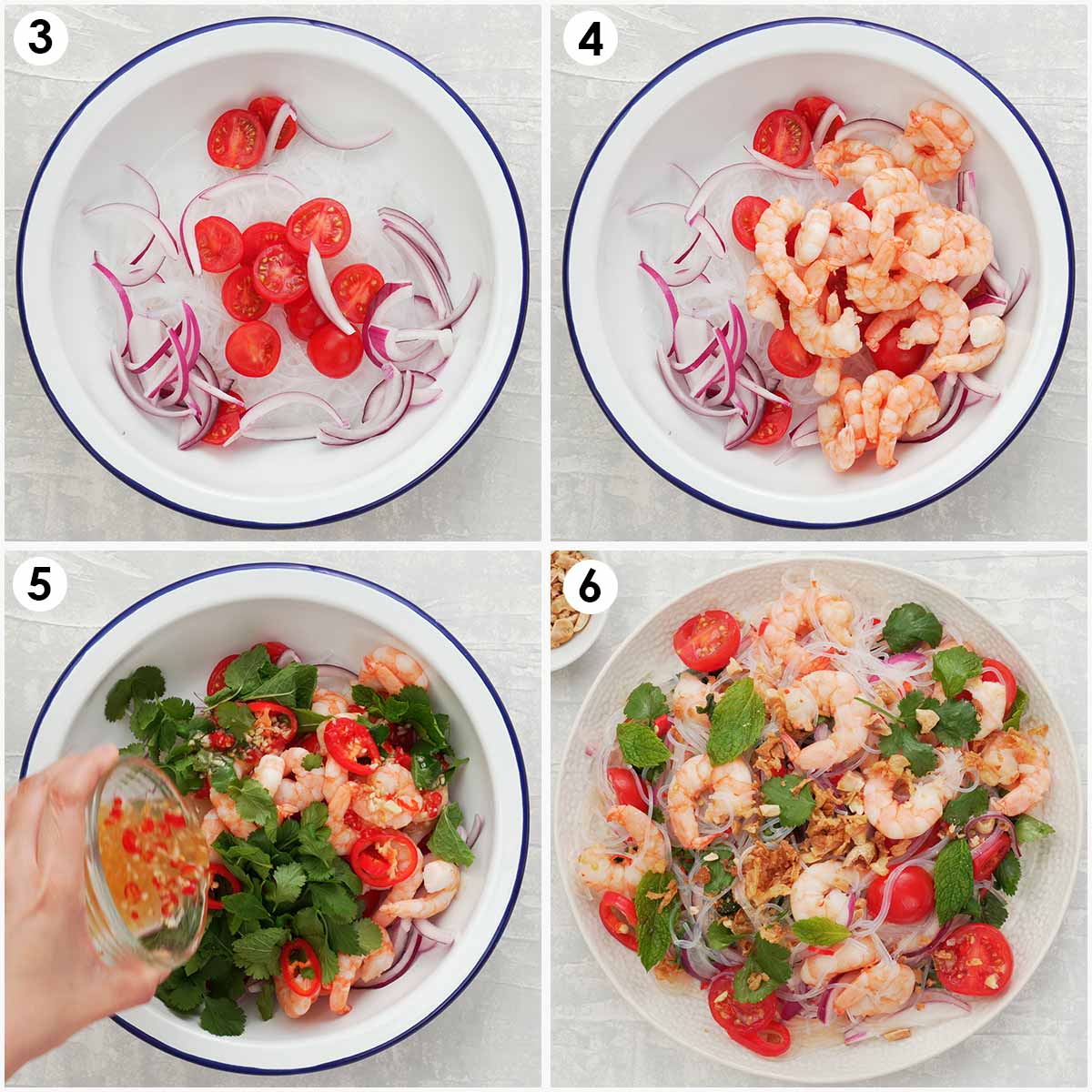 4 image collage showing how to make prawn salad. 