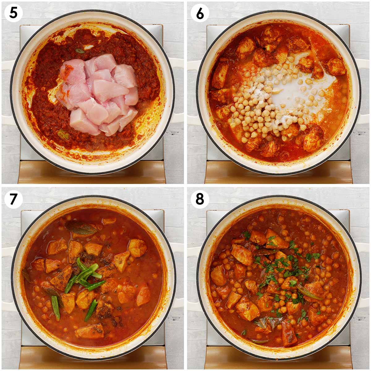Four image collage showing how to cook chicken and chickpea with coconut milk.