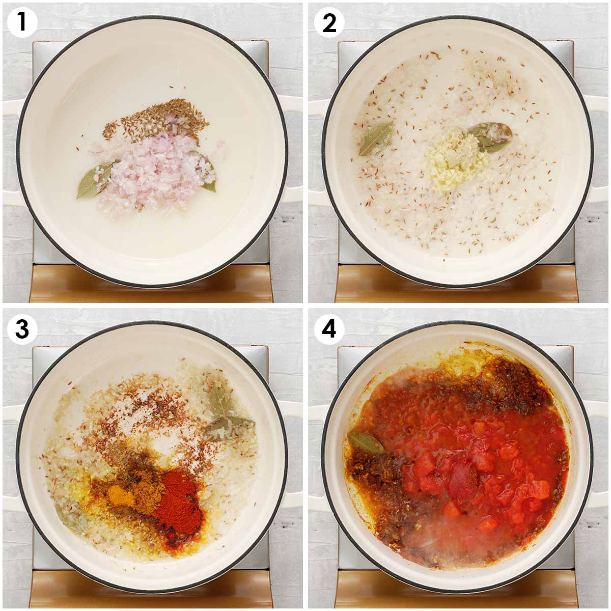 Four image collage showing how to cook curry sauce. 