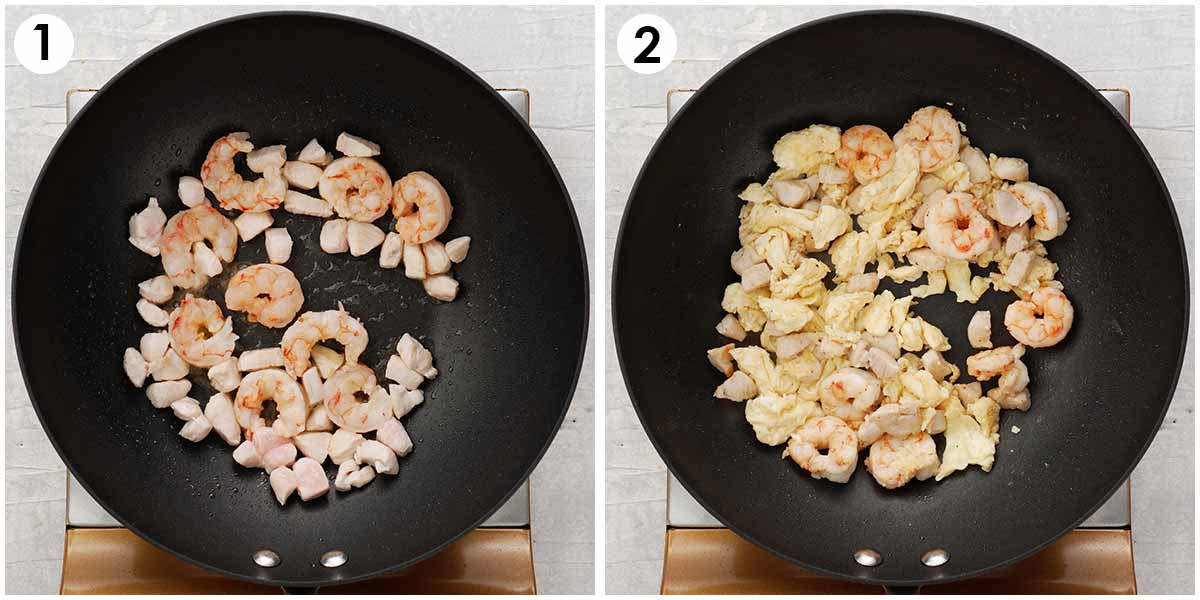 Two image collage showing how to stir fry prawn, chicken and eggs.