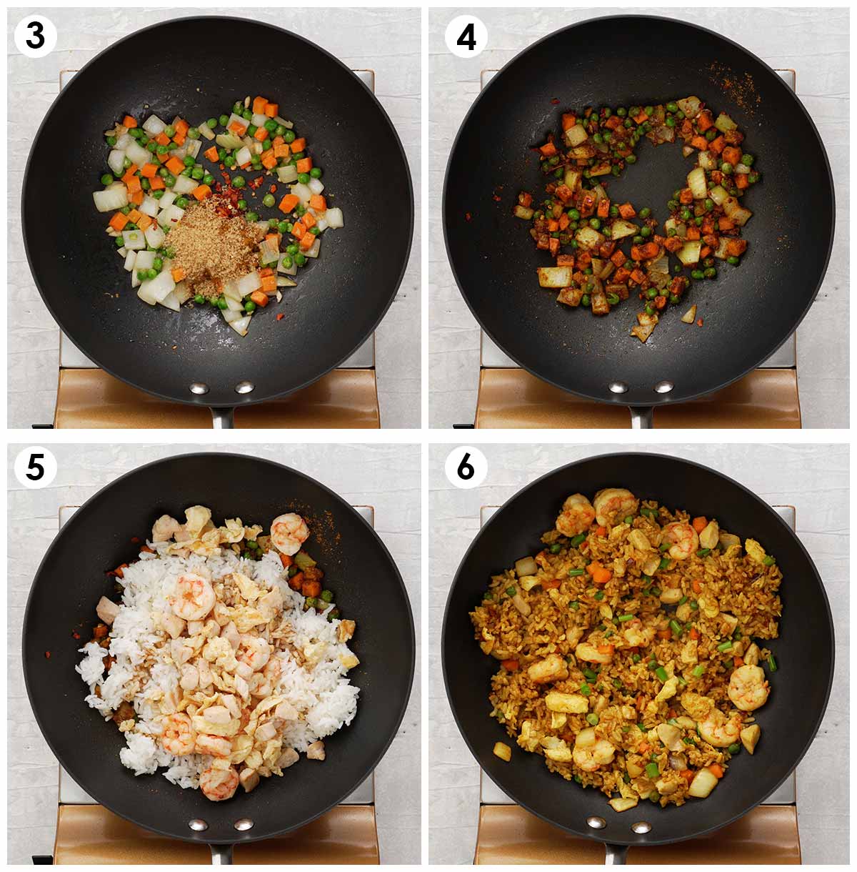 Four image collage showing how to prepare the fried rice.