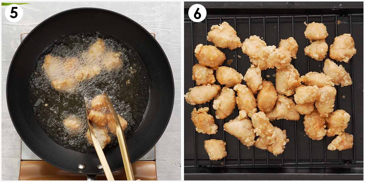 Two image collage collage showing how to deep fry coated chicken pieces.