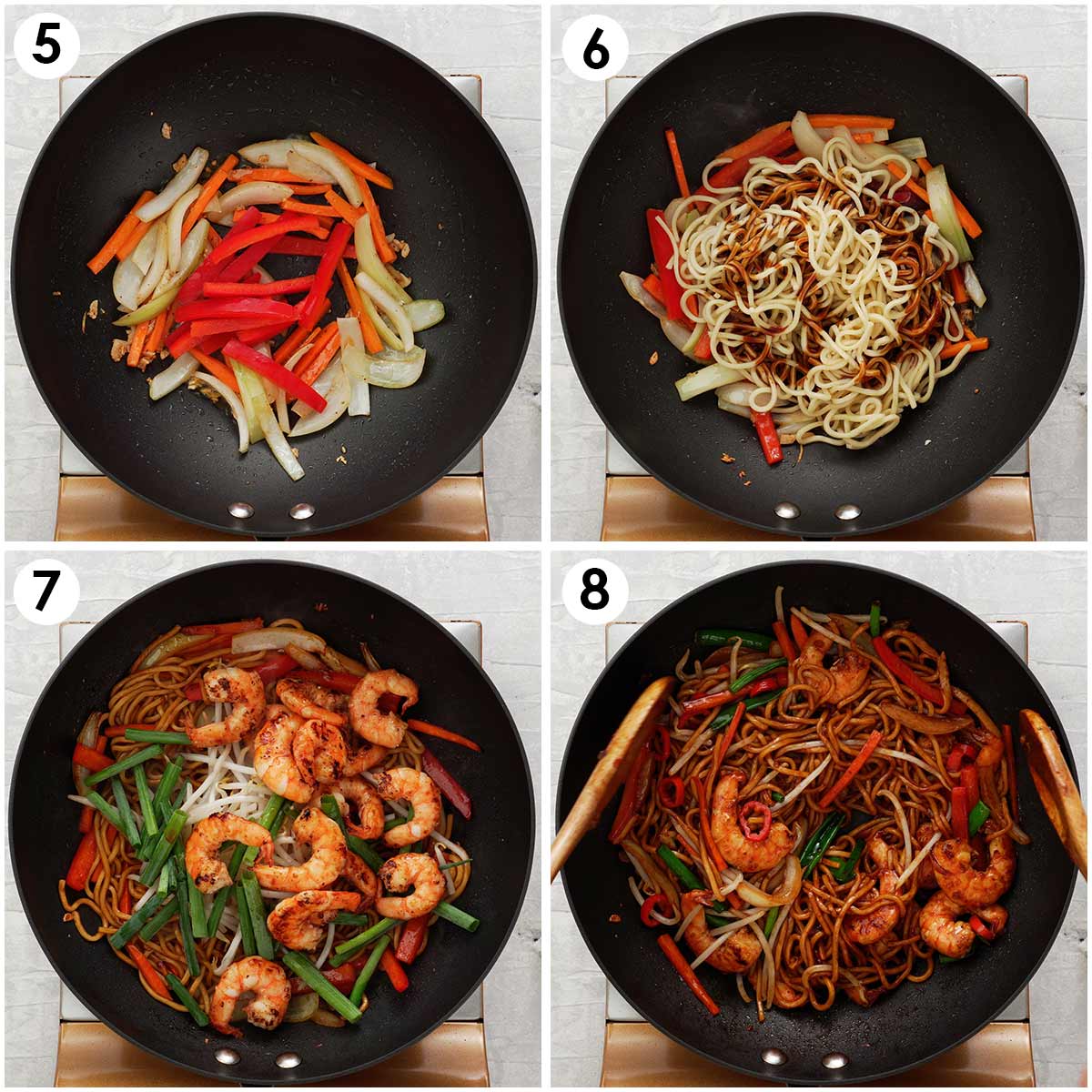 4 image collage showing how to cook prawn and noodle stir fry.