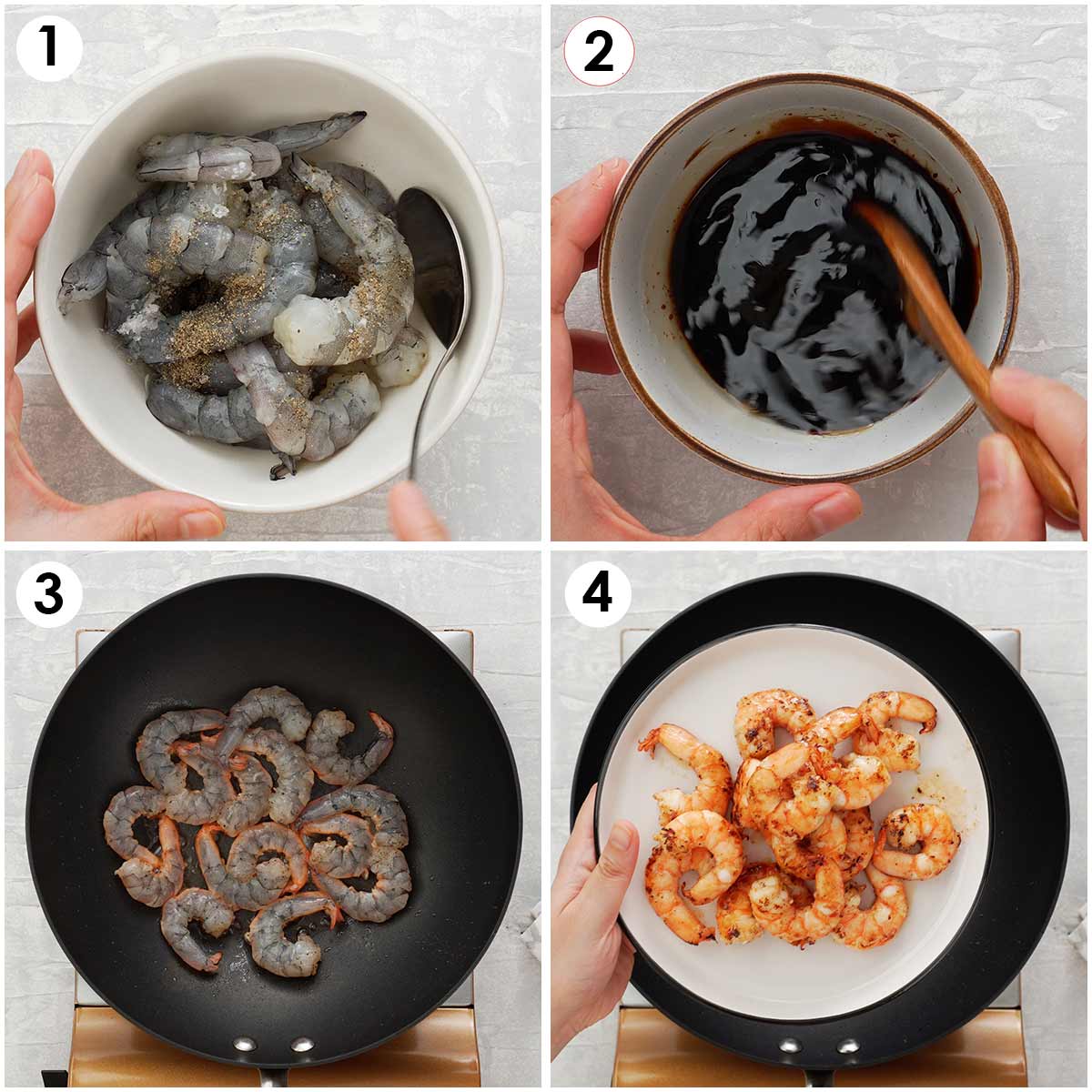 4 image collage showing how to prepare stir fry prawns.