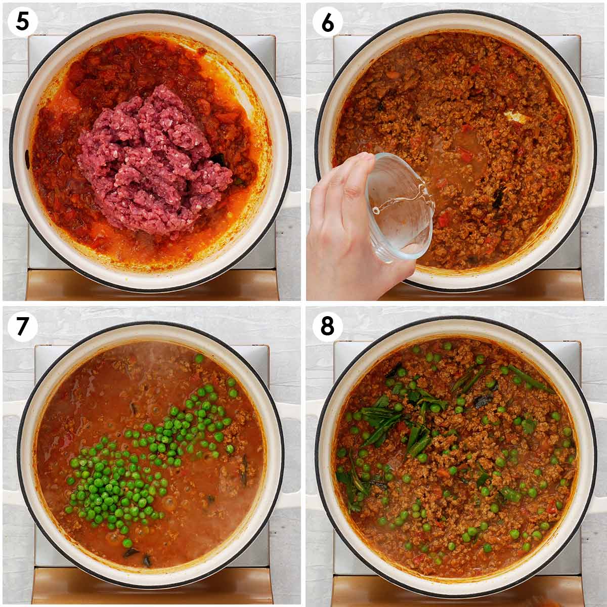 4 image collage showing how to prepare lamb mince curry with green peas. 