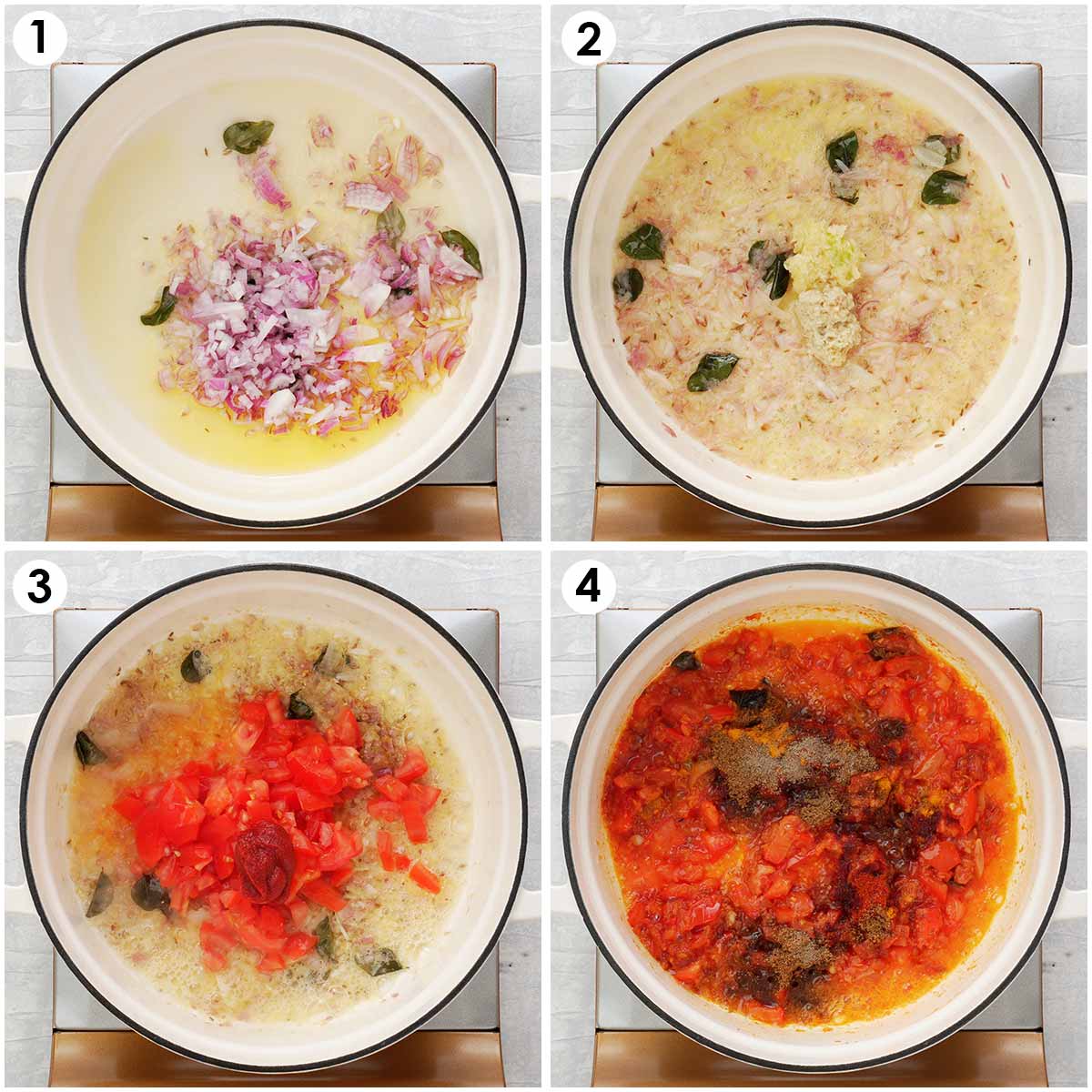 4 image collage showing how to prepare curry sauce with tomatoes and spices. 