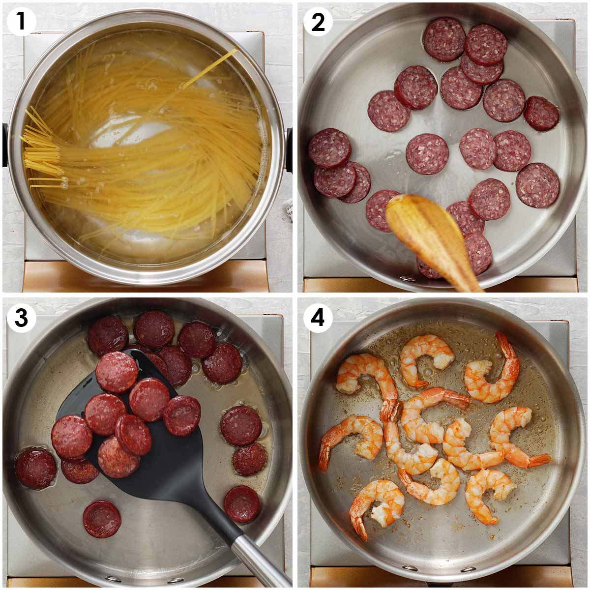 Four image collage showing how to prepare spaghetti, chorizo and prawns. 