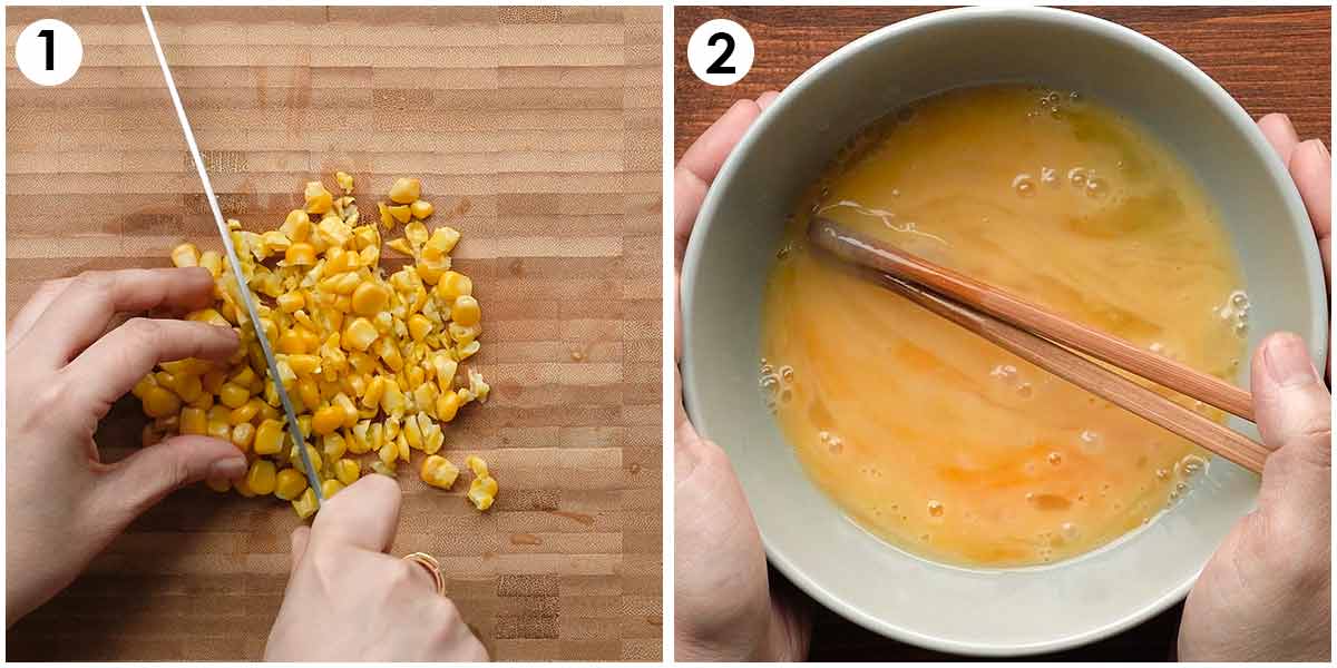Two image collage, showing how to prepare sweetcorn and eggs.