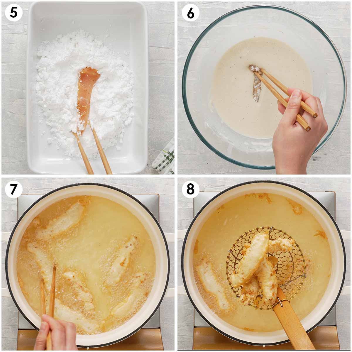 Four image collage showing how to make batter and fry the chicken.