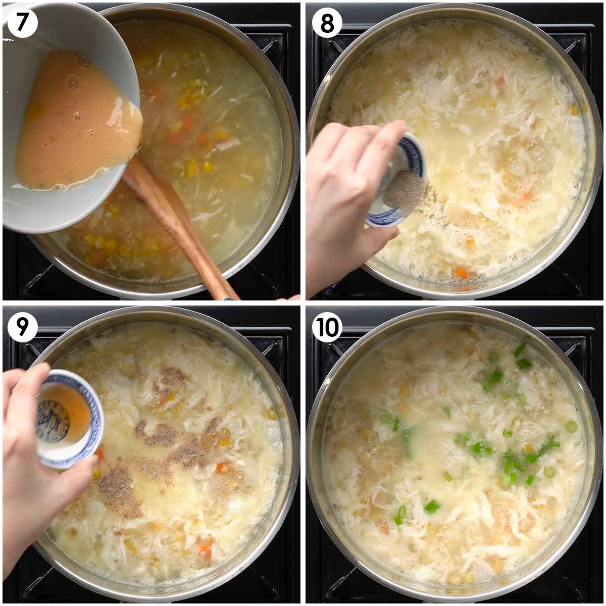 Four image collage showing how to make egg drops and how to season the soup. 